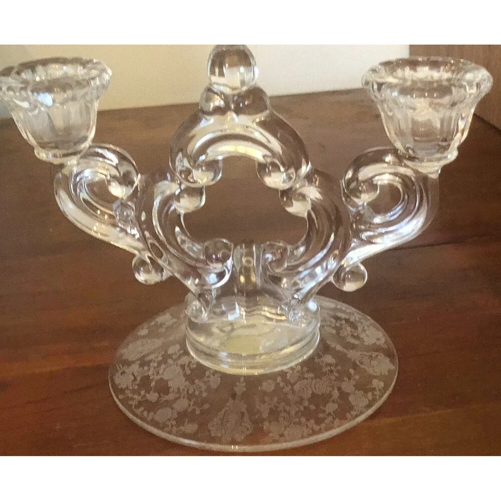 Vintage Set 1950s Cambridge Rose  Point Etched Fouled Candelabras